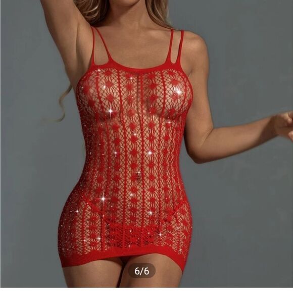 Red Bodycon Dress with Rhinestones - Picture 12 of 15